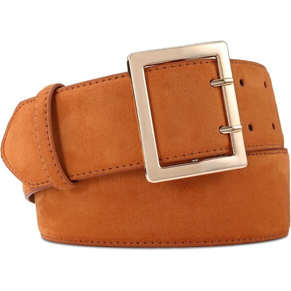 Women Leather Wide Fashion Thick Dress Belt With Gold Buckle Belt Brown Suede - Picture 1 of 7